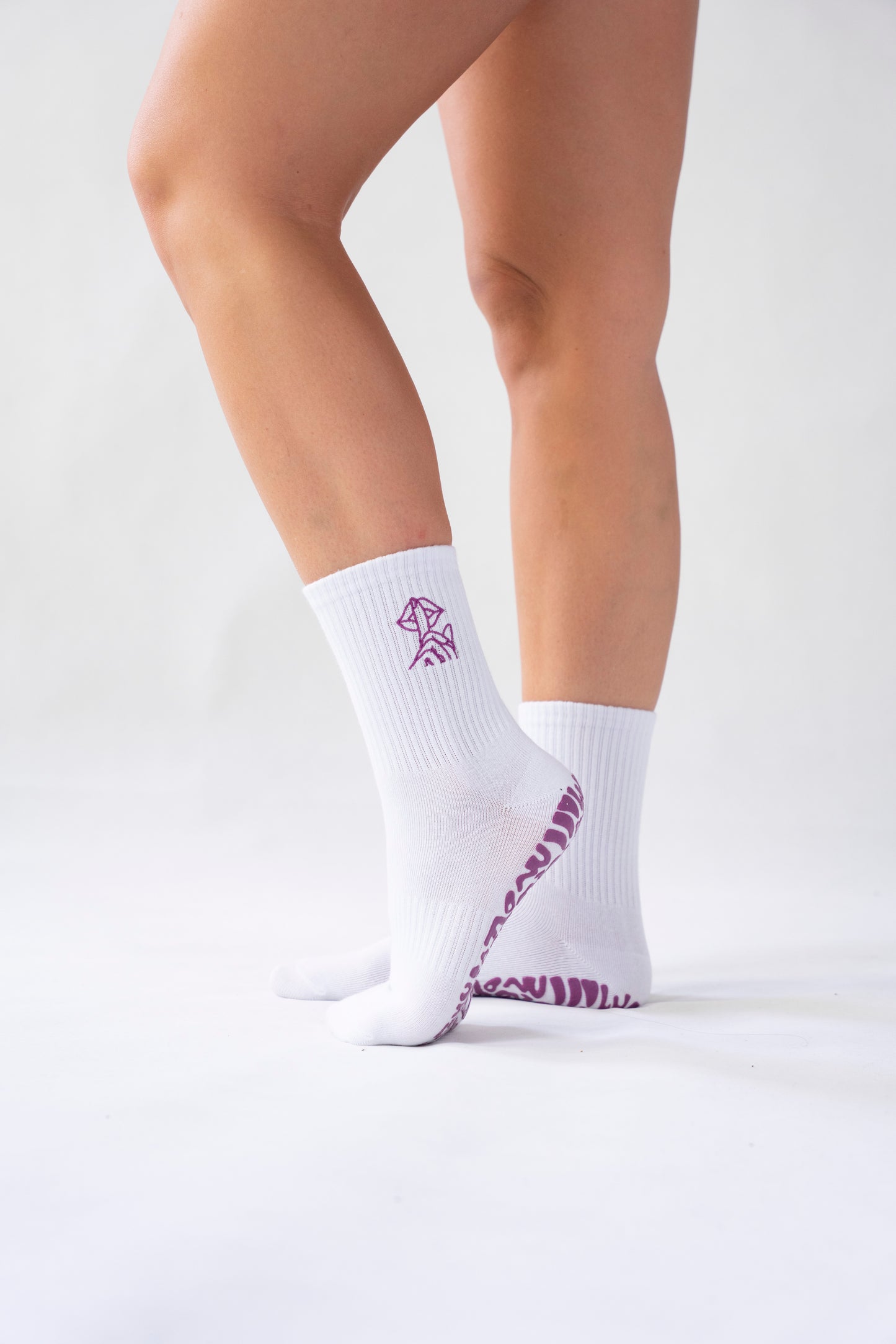 Embroidered Crew Grip Socks - White/Purple