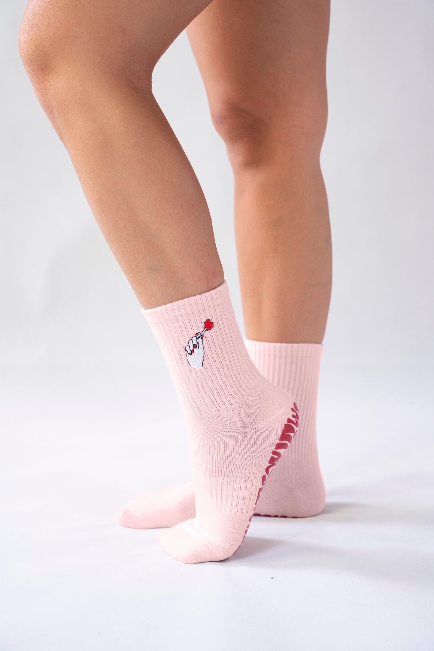 Embroidered Crew Grip Socks - Natural/Red